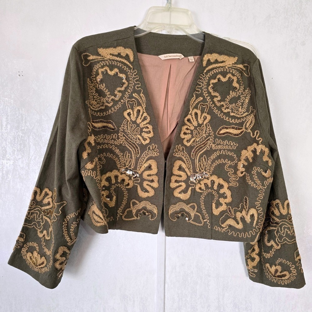 Soft Surroundings Womens L Embroidered Beaded Crop Jacket Green Gold Boho Fall